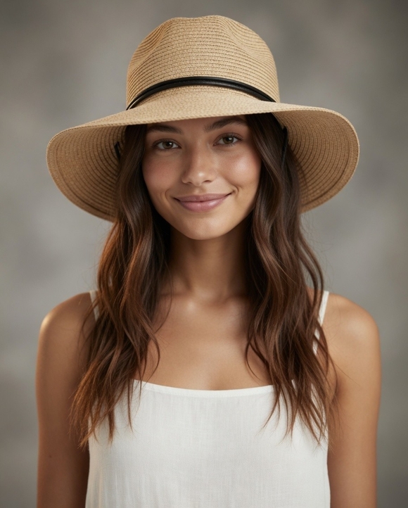 HaT Accessories - Women's Wide Brim Straw Sun Hat Beach Floppy Summer Linen Cap Black Leather Tie
